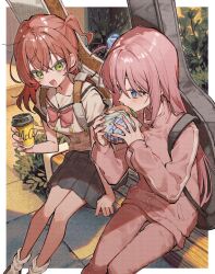  2girls bench blue_eyes blush bocchi_the_rock! bow bowtie burger chest_bow crossed_bangs cube_hair_ornament cup eating fingernails food gotoh_hitori green_eyes grey_skirt guitar_case hair_between_eyes hair_ornament highres holding holding_burger holding_cup holding_food instrument_case jacket kita_ikuyo looking_at_another multiple_girls nail_polish one_side_up open_mouth pants pink_hair pink_nails pink_pants pink_track_suit pleated_skirt red_bow red_bowtie red_hair sailor_collar scripco shirt sitting skirt socks track_jacket track_suit white_sailor_collar white_shirt white_socks 