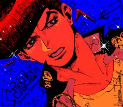  1boy blue_background character_name clenched_teeth commentary_request diamond_wa_kudakenai dutch_angle earrings eyelashes gakuran higashikata_josuke highres jewelry jojo_no_kimyou_na_bouken larugo0513 looking_to_the_side male_focus pompadour school_uniform signature simple_background solo star-shaped_pupils star_(symbol) symbol-shaped_pupils teeth 