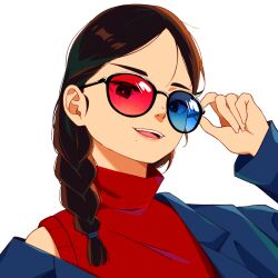  1girl 3d_glasses :d brown_hair commentary english_commentary hand_up highres mole mole_under_mouth original red_shirt rhenoa24 shirt smile solo white_background 