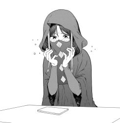 1girl blush cellphone fate/strange_fake fate_(series) greyscale highres hood hood_up hooded_dress long_sleeves looking_down monochrome mouth_veil no_name_assassin_(fate) parted_bangs phone simple_background smartphone solo syatey table veil 