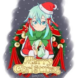  1girl alternate_costume aqua_eyes aqua_hair artist_name asagi501 blue_trim blush christmas christmas_present closed_mouth commentary_request double-parted_bangs dress fur-trimmed_headwear fur_trim gift gift_hair_ornament green_scarf hair_between_eyes hair_ornament hairclip hat highres holding holding_gift looking_at_viewer medium_hair merry_christmas mistletoe pom_pom_(clothes) red_dress red_hat santa_hat scarf sidelocks sinon smile snowing solo split_mouth straight_hair sword_art_online twitter_username two-tone_dress upper_body watermark white_dress wreath 