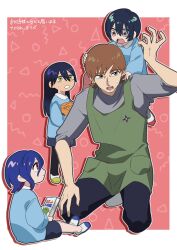  2boys 2girls aged_down amate_yuzuriha aqua_eyes black_hair blue_hair book brown_hair child colored_inner_hair commentary_request conch_(gundam) green_eyes gundam gundam_gquuuuuux highres holding kindergarten kindergarten_teacher kindergarten_uniform long_hair long_sleeves mole mole_under_mouth multicolored_hair multiple_boys multiple_girls nyaan_(gundam_gquuuuuux) open_mouth pants purple_hair red_eyes shirt short_hair shorts shuji_ito sweatdrop two-tone_hair uiuxop xavier_olivette yellow_eyes 