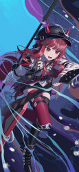  1girl :d absurdres arknights asymmetrical_legwear black_hat black_thighhighs chinese_commentary chromatic_aberration commentary electric_guitar english_commentary fang guitar hat highres holding holding_instrument horns horns_through_headwear instrument jacket light_blush long_sleeves mismatched_legwear mixed-language_commentary multiple_thigh_straps official_alternate_costume open_mouth pointy_ears red_eyes red_hair red_horns red_thighhighs rui_(rei_leyi) smile solo teeth thigh-highs thigh_strap upper_teeth_only vigna_(arknights) vigna_(black_wave)_(arknights) white_jacket 
