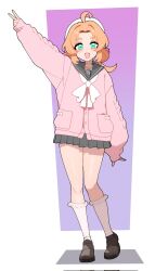  1girl :d ahoge alternate_costume aqua_eyes arm_up black_sailor_collar black_shoes black_skirt blush cardigan character_request check_character check_copyright copyright_request frilled_socks frills full_body hat highres jin_rou legs long_sleeves looking_at_viewer medium_hair miniskirt neckerchief orange_hair orr_(trickcal) pink_cardigan purple_background sailor_collar shoes simple_background skirt smile socks solo standing teeth trickcal upper_teeth_only v white_background white_hat white_neckerchief white_socks 