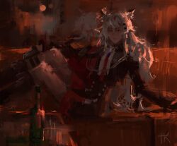  1girl animal_ear_fluff animal_ears arknights bare_legs black_jacket black_shorts boots bottle buttons collared_shirt commentary double-breasted english_commentary grey_eyes grey_hair hair_between_eyes hair_ornament hairclip highres jacket lappland_(arknights) long_hair long_sleeves looking_at_viewer necktie re_gulus scar scar_across_eye scar_on_face shirt shorts signature solo white_shirt wolf_ears wolf_girl 
