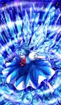  1girl barefoot blue_dress blue_eyes blue_hair bow cirno dress fang glowing glowing_eyes hair_ribbon highres hijikawa_arashi ice ice_wings light_trail looking_at_viewer open_mouth outstretched_arms puffy_sleeves ribbon shirt short_sleeves sky solo touhou wings wrist_cuffs 