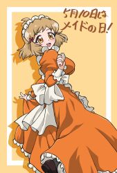  1girl :d apron arayaki_main bob_cut border breasts brown_background brown_hair commentary_request dress from_side hair_ornament hairclip highres looking_at_viewer maid maid_apron medium_breasts multiple_hair_clips open_mouth orange_dress orange_eyes outside_border senki_zesshou_symphogear shadow simple_background smile solo tachibana_hibiki_(symphogear) translation_request upper_body white_border 