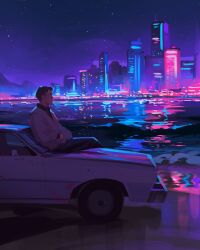  1boy bomber_jacket car city_lights commentary drive_(movie) driver_(drive) hand_in_pocket highres jacket male_focus motor_vehicle night outdoors risa_ili sky solo star_(sky) town 