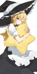  1girl apron artist_name black_hat black_skirt blonde_hair bow braid closed_mouth green_bow hair_bow hat hat_bow highres hugging_object kenkxx kirisame_marisa long_hair looking_at_viewer one_eye_closed pillow pillow_hug puffy_short_sleeves puffy_sleeves short_sleeves side_braid single_braid skirt solo star-shaped_pillow touhou waist_apron watermark white_apron white_bow witch_hat yellow_eyes 