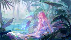  1girl a_drowning_canvas_(shining_nikki) absurdres aqua_hairband artist_request beads brown_eyes bud cape choker commentary day detached_sleeves downturned_eyes dress dress_flower english_commentary flower flower_choker forest gown hair_beads hair_flower hair_ornament hairband happy highres light_particles lily_pad long_dress long_hair long_sidelocks looking_at_flowers nature nikki_(nikki) nikki_(series) official_art official_wallpaper open_mouth orange_flower outdoors palm_leaf pink_flower pink_hair purple_cape purple_dress purple_flower purple_sleeves rainforest red_flower second-party_source shining_nikki short_sleeves sidelocks sitting smile solo very_long_hair water_lily_flower wavy_hair yokozuwari 