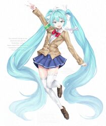  absurdres armband artist_request blazer blue_eyes blue_hair bow bowtie brown_shoes diamond_(shape) english_text green_armband hair_bow hatsune_miku highres jacket pleated_skirt red_bow red_bowtie school_uniform shirt shoes skirt socks special_relief_committee_(vocaloid_song) twintails v vocaloid watermark white_background white_bow white_shirt white_socks 