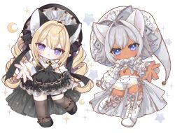  2girls :3 animal_ears black_dress blonde_hair blue_eyes blush boots cat_ears chibi crop_top cross dolk dress fishnets flat_chest grey_hair hat izumi_tsubasu jewelry long_hair looking_at_viewer mary_janes multiple_girls necklace official_art original pantyhose pointy_ears reaching reaching_towards_viewer shoes short_hair short_shorts shorts smile star_(symbol) star_necklace transparent_background violet_eyes wavy_hair witch_hat wrist_cuffs 