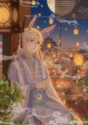  1boy against_wall animal_ears aqua_corset architecture baishuo_(shining_nikki) brown_eyes brown_hair chinese_commentary circlet city commentary_request corset cowboy_shot crescent drink east_asian_architecture extra_ears eyes_visible_through_hair full_moon hair_between_eyes highres holding holding_drink kirina_zero lantern light_blush light_smile long_hair long_sidelocks looking_ahead male_focus moon nikki_(series) outdoors paper_lantern parted_bangs parted_lips pointy_nose purple_hanfu purple_robe rabbit_boy rabbit_ears robe shining_nikki sidelocks sitting smoke solo twilight waist_tassel window_blinds xiangyun 