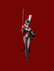  1girl belt black_jacket blonde_hair blue_eyes dolman_(jacket) full_body grey_pants highres holding holding_sword holding_weapon hussar jacket long_legs meoseumbang military military_uniform narrow_waist pants pelisse pixel_art red_background red_belt saber_(weapon) sheath short_hair simple_background skull_print slim_legs standing sword weapon 