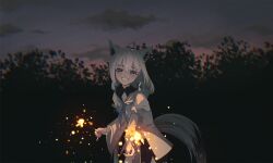  1girl absurdres animal_ear_fluff animal_ears bare_shoulders blue_eyes blush braid clouds cloudy_sky commentary detached_sleeves dress evening fireworks hair_between_eyes highres hololive long_hair looking_at_viewer maymea neck_ribbon outdoors power_lines reaching reaching_towards_viewer ribbon shirakami_fubuki single_braid sky sleeveless sleeveless_dress smile solo sparkle sparkler tail teeth untranslatable_commentary virtual_youtuber white_dress white_hair wide_sleeves wolf_ears wolf_girl wolf_tail 