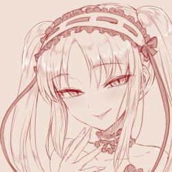  1girl bare_shoulders blush fate/grand_order fate/hollow_ataraxia fate_(series) hairband imageboard_colors lolita_hairband long_hair looking_at_viewer lowres monochrome oekaki sepia smile solo solopipb stheno_(fate) twintails upper_body 