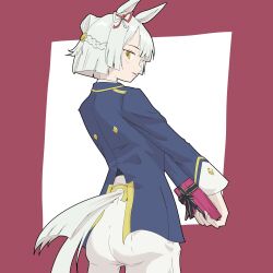  1girl animal_ears ass blue_jacket blush box braid commentary_request ear_ribbon folded_ponytail from_behind fujimasa_march_(racing)_(umamusume) fujimasa_march_(umamusume) gift gift_box grey_hair highres holding holding_box holding_gift horse_ears horse_girl horse_tail jacket long_sleeves panch4989new pants parted_lips short_hair tail umamusume umamusume:_cinderella_gray white_pants yellow_eyes 