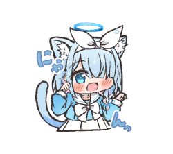  1girl animal_ear_fluff animal_ears arona_(blue_archive) blue_archive blue_eyes blue_hair blue_halo blue_shirt blush bow_hairband braid cat_ears choker colored_inner_hair commentary_request hachikari_(hachi_karintou) hair_over_one_eye hairband halo multicolored_hair neckerchief open_mouth pleated_skirt sailor_collar shirt simple_background single_braid skirt solo tail white_background white_choker white_hairband white_neckerchief white_sailor_collar white_skirt 