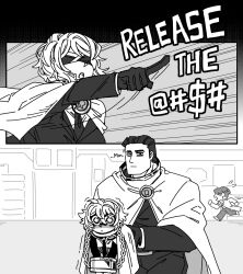  2boys 2girls blindfold carrying carrying_person chain chained chained_wrists cloak cottonwings cuffs cuffs-to-collar don_quixote_(project_moon) english_text faust_(project_moon) greyscale highres index_(identity)_(project_moon) limbus_company meursault_(project_moon) monochrome multiple_boys multiple_girls project_moon scene_reference shackles short_hair the_croods 