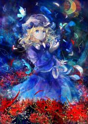  1girl blonde_hair blue_eyes blush bow bug butterfly buttons collared_dress contrast_collar crescent disembodied_eye dress flower gap_(touhou) highres long_hair long_sleeves maribel_hearn night open_mouth petals purple_dress sash solo spider_lily star_(sky) star_(symbol) touhou uwazumi white_bow white_sash 
