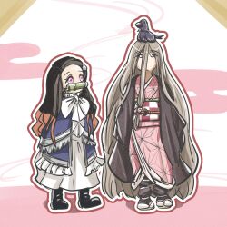  2girls absurdly_long_hair bird black_hair blue_dress bow bowtie crow dress highres japanese_clothes kamado_nezuko kimetsu_no_yaiba long_hair multiple_girls pink_eyes sandals sense_(sousou_no_frieren) soujioniwa sousou_no_frieren very_long_hair white_bow white_bowtie 