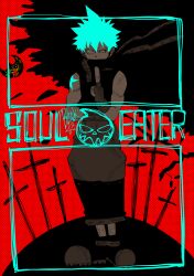  1boy arm_tattoo black_star blue_eyes blue_hair commentary_request copyright_name covered_mouth fingerless_gloves full_body gloves hair_between_eyes high_collar highres larugo0513 looking_to_the_side male_focus moon red_sky short_hair sky sleeveless solo soul_eater soul_eater_moon spiky_hair standing star_(symbol) tattoo 