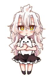  1girl bare_shoulders black_shoes black_skirt blush chibi commentary_request frilled_skirt frills hair_between_eyes hugging_object long_hair looking_at_viewer off-shoulder_shirt off_shoulder original parted_lips ribbon-trimmed_shirt ribbon_trim shirt shoes short_sleeves simple_background skirt solo very_long_hair wacho_(nanto_wachou_ken) white_background white_hair white_shirt yellow_eyes 