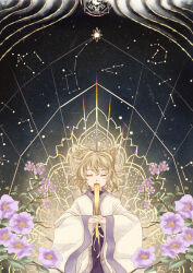  1girl absurdres alternate_costume aura blonde_hair closed_eyes commentary_request constellation constellation_request emloste facing_viewer flower flower_request highres holding long_sleeves medium_hair night pointy_hair purple_flower ritual_baton sky solo star_(sky) starry_sky touhou toyosatomimi_no_miko upper_body wide_sleeves 