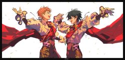  2boys black_border black_hair blue_eyes border commentary ensemble_stars! floating_clothes frilled_sleeves frills gloves hand_up highres itsuki_shu kagehira_mika long_sleeves looking_at_another male_focus multiple_boys official_alternate_costume open_mouth outstretched_arm pink_hair short_hair simple_background teeth untranslatable_commentary upper_body upper_teeth_only utahyaya valkyrie_(ensemble_stars!) violet_eyes white_background white_gloves 