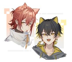  2boys :d animal_ears black_hair blonde_hair blush cat_boy cat_ears cropped_shoulders earrings flower grey_hoodie hair_flower hair_ornament half_updo hanasaki_miyabi hanasaki_miyabi_(1st_costume) highres holostars hood hoodie jewelry kemonomimi_mode male_focus mg_ytm multicolored_hair multiple_boys open_mouth pink_flower portrait red_hair ribbon shirt short_hair smile teeth upper_teeth_only virtual_youtuber white_shirt yatogami_fuma yatogami_fuma_(1st_costume) yellow_eyes yellow_ribbon 