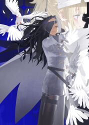  2girls absurdres ascot bird black_hair blonde_hair blue_eyes closed_mouth cowboy_shot eyepatch gloves grey_eyes half-closed_eyes hand_up highres holding holding_sword holding_weapon jacket jin_yu0810 knife_sheath long_hair looking_ahead looking_at_viewer mole mole_under_mouth multiple_girls original profile revision scabbard sheath sidelocks sword weapon white_ascot white_bird white_gloves white_jacket 