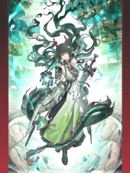  1girl absurdres arknights arknights:_endfield bare_shoulders black_gloves black_hair breasts dragon_girl dragon_horns dragon_tail eastern_dragon_horns eastern_dragon_tail full_body gloves gradient_pants green_eyes green_hair green_pants highres holding holding_sword holding_weapon horns jiu_jiu_jiu_jiu large_breasts long_hair looking_at_viewer multicolored_hair pants pointy_ears red_hair red_horns solo sword tail weapon zhuang_fangyi_(arknights) 