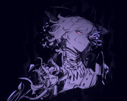  1boy cracked_skin cross-shaped_pupils edmond_dantes_(fate) fate/grand_order fate_(series) grin high_collar looking_at_viewer male_focus melon22 parted_lips pink_eyes short_hair sketch smile symbol-shaped_pupils the_count_of_monte_cristo_(fate) the_count_of_monte_cristo_(first_ascension)_(fate) upper_body 