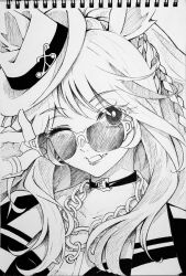  1girl ;d adjusting_eyewear animal_ears braid chain choker commentary ears_through_headwear fang forever_young_(racing)_(umamusume) forever_young_(umamusume) greyscale hand_on_eyewear highres horse_ears horse_girl jewelry long_hair looking_at_viewer mizuiro_neko monochrome notepad one_eye_closed ring skin_fang smile solo sunglasses traditional_media umamusume upper_body 