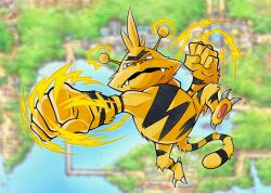  black_fur blurry blurry_background clenched_hands commentary electabuzz english_commentary fangs highres no_humans pokemon pokemon_(creature) pokemon_red/green/blue/yellow punching seaguns solo tail two-tone_fur yellow_fur 
