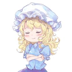  blonde_hair blue_shirt blush chibi closed_eyes closed_mouth collared_shirt commentary_request crossed_arms hat long_hair maribel_hearn mob_cap neo-traditionalism_of_japan official_alternate_costume puffy_short_sleeves puffy_sleeves purple_skirt shirt short_sleeves skirt smile touhou uwazumi white_background white_hat 