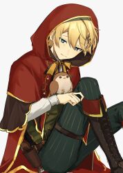  1boy absurdres bird bird_on_hand blonde_hair blue_eyes blush boots brown_boots cape cosplay feet_out_of_frame floral_print fold-over_boots green_pants gun hanasaki_miyabi hanasaki_miyabi_(5th_costume) hanasaki_miyabi_(cosplay) handgun highres holostars holster hood hood_up kishido_temma kyomu_suzume male_focus mg_ytm pants pinstripe_pants pinstripe_pattern red_cape red_hood short_hair sitting thigh_strap virtual_youtuber weapon white_background 