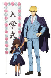  1boy aged_down blonde_hair brown_eyes brown_hair child coat coat_on_shoulders collared_shirt dark-skinned_female dark_skin dress entrance_ceremony fate/strange_fake fate_(series) full_body gilgamesh_(fate) hair_ribbon hand_on_own_hip highres holding_hands hypnr9 jacket long_hair looking_at_viewer necktie pants ponytail red_eyes ribbon shirt short_hair smile standing tine_chelc white_background 