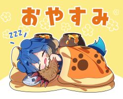 1girl arzuros bandaid bandaid_on_cheek bandaid_on_face bare_shoulders blue_hair blush brown_background brown_hair chibi closed_eyes commentary_request drooling floral_background futon gradient_hair highres honey honeypot milkpanda monster_hunter_(series) mouth_drool multicolored_hair open_mouth personification pillow short_eyebrows sleeping solo thick_eyebrows translation_request two-tone_background under_covers white_background zzz 