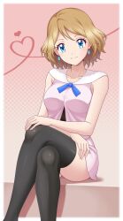  1girl absurdres black_thighhighs blonde_hair blue_eyes blue_ribbon breasts closed_mouth crossed_legs earrings eyelashes highres jewelry looking_at_viewer neck_ribbon pokemon pokemon_(anime) pokemon_the_series:_xy ribbon serena_(pokemon) shirt short_hair sitting skirt sleeveless sleeveless_shirt smile solo thigh-highs zeki231 