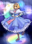  1girl alice_margatroid arm_warmers blonde_hair blue_eyes boots capelet colorful crescent_moon dress highres knora moon short_hair star tagme touhou twirling 