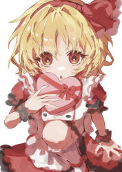  1girl :o absurdres alternate_costume apron blonde_hair box commentary dress hairband heart-shaped_box highres holding holding_box looking_at_viewer medium_hair parted_lips red_dress red_eyes red_shoes riri_hashi rumia shoes short_sleeves socks solo touhou white_apron white_background white_socks 
