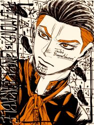  1boy closed_mouth commentary_request copyright_name diamond_wa_kudakenai eyelashes footprints fungami_yuya grid_background hair_slicked_back highres jojo_no_kimyou_na_bouken larugo0513 limited_palette male_focus portrait shirt solo undercut upper_body 