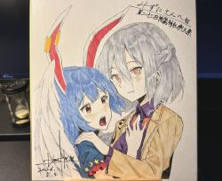  2girls absurdres animal_ears blue_dress blush bow bowtie braid closed_mouth commentary_request crescent_print dated dress earclip grey_hair half_up_braid highres jacket kishin_sagume long_sleeves looking_at_viewer multiple_girls open_mouth otomeza_ryuseigun photo_(medium) puffy_short_sleeves puffy_sleeves purple_dress rabbit_ears rabbit_girl red_bow red_bowtie red_eyes seiran_(touhou) short_hair short_sleeves signature smile star_(symbol) star_print touhou traditional_media translation_request yuri 