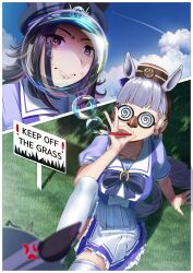  2girls absurdres anger_vein animal_ears black_hair blowing_bubbles blue_sky blunt_bangs bow bowtie breasts brown_hat bubble bubble_pipe clouds collarbone commentary_request ear_bow ears_through_headwear fenomeno_(umamusume) flipped_hair glasses gold_ship_(umamusume) grass grey_hair groucho_glasses hat highres horse_ears horse_girl horse_tail large_breasts long_hair manjo_(warito) multicolored_hair multiple_girls outdoors peaked_cap pillbox_hat pleated_skirt puffy_short_sleeves puffy_sleeves purple_bow purple_bowtie purple_hair purple_shirt sailor_collar sailor_shirt school_uniform shirt short_sleeves sitting skirt sky soap_bubbles summer_uniform tail tracen_school_uniform umamusume violet_eyes white_sailor_collar white_skirt 