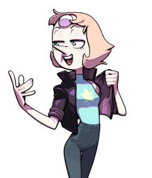  1girl blue_eyes breasts denim discount-supervillain forehead_jewel gem gem_(steven_universe) jacket jeans leather leather_jacket official_alternate_costume open_mouth pale_skin pants pearl_(gemstone) pearl_(steven_universe) pointy_nose shirt short_hair smile solo star_(symbol) steven_universe 