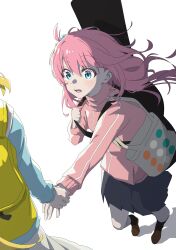  2girls absurdres backpack bag blonde_hair blue_eyes bocchi_the_rock! brown_shoes commentary_request gotoh_hitori grey_skirt guitar_case hand_grab highres ijichi_nijika instrument_case miniskirt multiple_girls nekonyan_(inaba31415) one_side_up pink_hair pleated_skirt raised_eyebrows shoes skirt surprised 