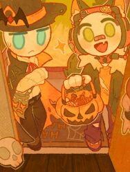 2boys :d animal_ear_fluff animal_ears bald bandaid bandaid_on_face bandaid_on_nose bat_hat_ornament belt black_cape black_hat black_jacket black_pants black_shoes blue_eyes blush candy cape charles_calvin chinese_commentary choker closed_mouth collared_shirt colored_skin commentary_request cross-laced_clothes fake_animal_ears fang fang_out fewer_digits food from_above frown full_body fur-trimmed_jacket fur_trim grass green_eyes grey_belt grey_tail halloween halloween_bucket hand_up hat headphones headset henry_stickmin henry_stickmin_(series) highres holding holding_halloween_bucket indoors jacket jitome legs_apart legs_together lollipop long_sleeves looking_at_viewer male_focus muchuizzzzz multiple_boys neck_ribbon no_nose no_pupils open_clothes open_door open_jacket open_mouth orange_cape orange_shirt outdoors outline painterly pants red_choker red_ribbon red_shoes ribbon shirt shirt_tucked_in shoes skull smile sparkle spiked_choker spiked_tail spikes standing sticker sweatdrop swirl_lollipop tail tareme tongue top_hat torn_cape torn_clothes torn_hat torn_pants torn_shirt trick_or_treat two-sided_cape two-sided_fabric welcome_mat white_outline white_shirt white_skin wolf_ears wolf_tail wooden_floor 