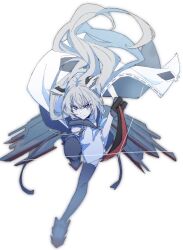  1girl animal_ears azur_lane black_thighhighs blue_eyes bu4321 closed_mouth detached_sleeves fox_ears fox_girl full_body grey_hair highres holding holding_sword holding_weapon japanese_clothes katana kawakaze_(azur_lane) long_hair looking_at_viewer rigging ship_turret simple_background solo sword thigh-highs weapon white_background 