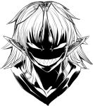  1girl bared_teeth evil_grin evil_smile face grin horn hoshiguma_yuugi long_hair monochrome no_pupils pointy_ears popping_veins shaded_face sharp_teeth sketch smile solo space_jin touhou veins 